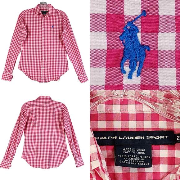 Polo Ralph Lauren Sport Shirt Womens Size 2 LS Button Up Red Plaid Vintage - Picture 1 of 10
